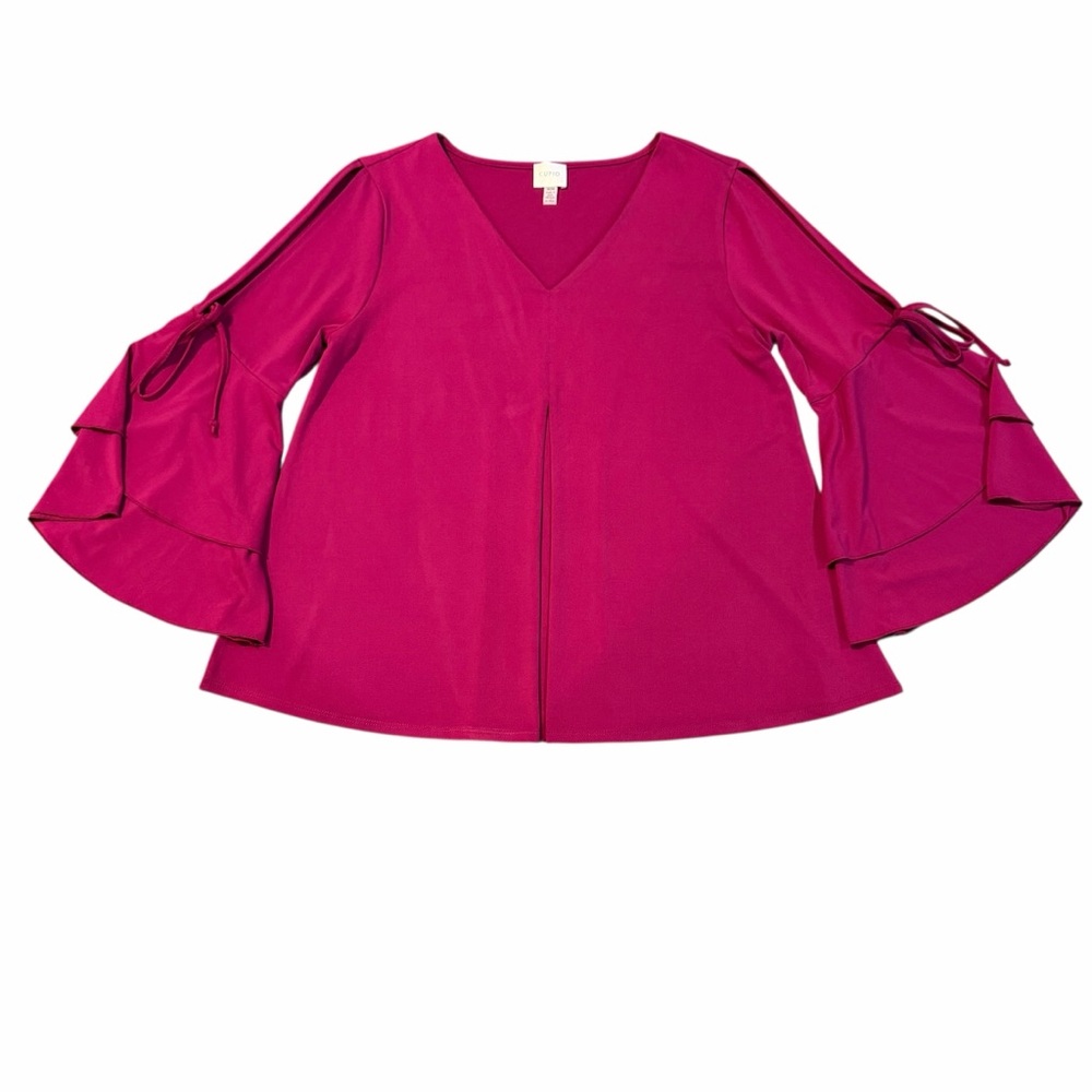 Cupio Fuchsia Split‎ Sleeve Ruffle Blouse Size M Pink Tie Sleeve Statement Top